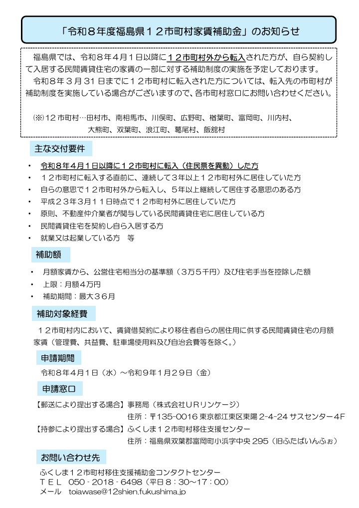 福島県１２市町村家賃補助金