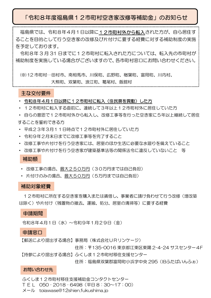 福島県12市町村空き家改修等補助金